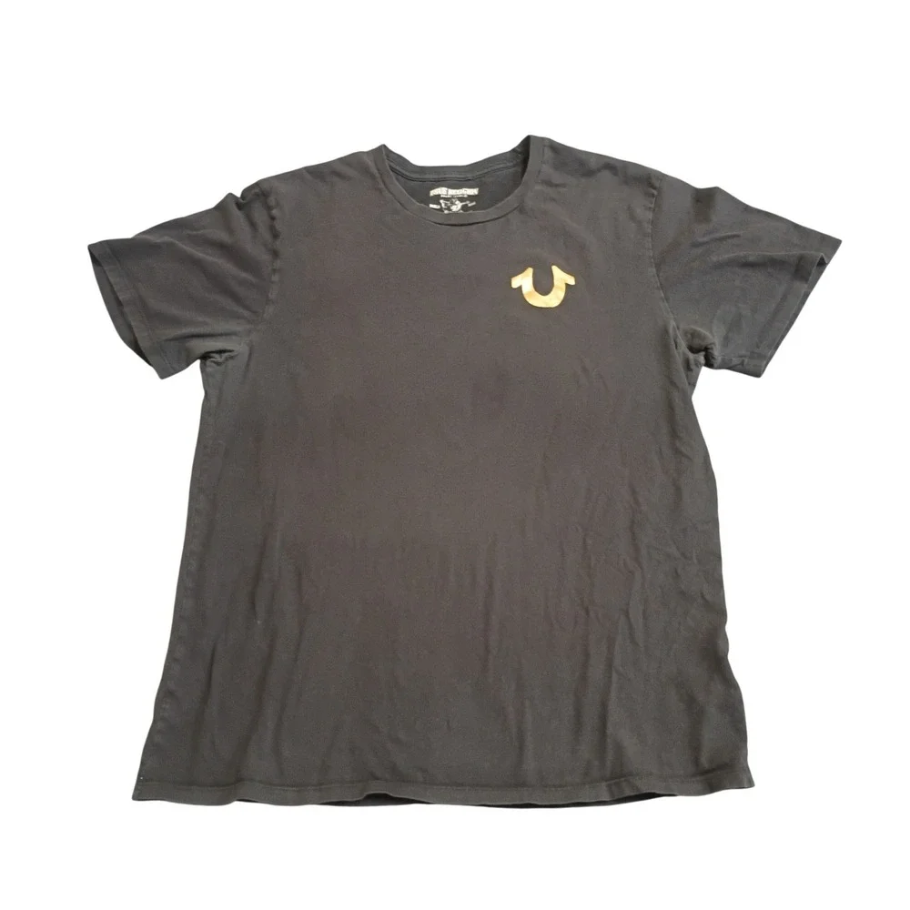 True Religion Graphic T-Shirt Mens Large Black Gold Buddha Logo Streetwear